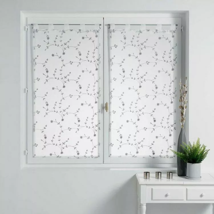 Paris Prix Paire De Voilages Petite Fleur 60x120cm Blanc & Gris