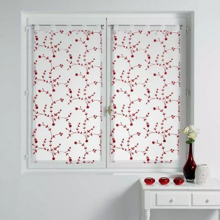 Paris Prix Paire De Voilages Petite Fleur 60x90cm Blanc & Rouge